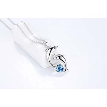 Dolphin Necklace 925 Sterling Silver Mothers Day Gifts For Women Necklace Chains (Heart Blue Dolphin Necklace)