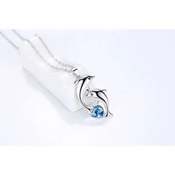Dolphin Necklace 925 Sterling Silver Mothers Day Gifts For Women Necklace Chains (Heart Blue Dolphin Necklace)