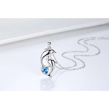 Dolphin Necklace 925 Sterling Silver Mothers Day Gifts For Women Necklace Chains (Heart Blue Dolphin Necklace)