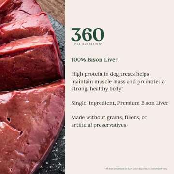 360 Pet Nutrition Freeze-Dried Bison Liver Dog or Cat Treats/Bites, 1-Ingredient, High Protein, No Grain, Made in USA, All-Natural, 4 oz (Bison Liver), Healthy, Training Snacks, Premium Quality.