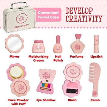 Dragon Drew Wooden Toy Beauty Set – 10 Piece Kit - Girls Salon Set with Makeup, Brush, Mirror and Cosmetics Case - 100% Natural Wood, Nontoxic Paint, Smooth Edges