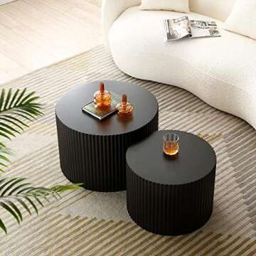 JUSTONE Set of 2 Nesting Coffee Table,Black Coffee Table,Modern Drum Side Table End Table for Living Room,Apartment, 23.62"*23.62"*15.75"H (Black-Round)