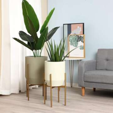 Luxenhome Modern Plant Pots, Set of 2 Planters for Indoor Plants, Large Round Planters with Gold Metal Stand, Decorative Flower Pots for Living Room, Office, Garden or Balcony, 10.63 & 13 Inch
