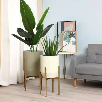 Luxenhome Modern Plant Pots, Set of 2 Planters for Indoor Plants, Large Round Planters with Gold Metal Stand, Decorative Flower Pots for Living Room, Office, Garden or Balcony, 10.63 & 13 Inch