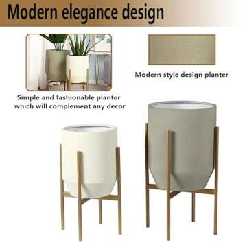 Luxenhome Modern Plant Pots, Set of 2 Planters for Indoor Plants, Large Round Planters with Gold Metal Stand, Decorative Flower Pots for Living Room, Office, Garden or Balcony, 10.63 & 13 Inch