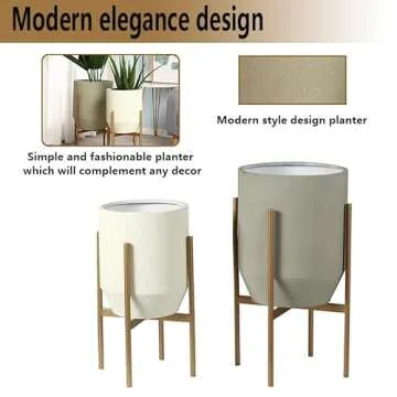 Luxenhome Modern Plant Pots, Set of 2 Planters for Indoor Plants, Large Round Planters with Gold Metal Stand, Decorative Flower Pots for Living Room, Office, Garden or Balcony, 10.63 & 13 Inch