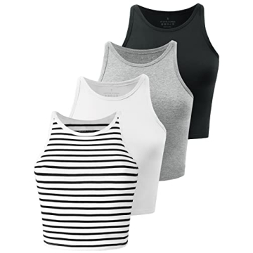 Kole Meego High Neck Crop Tops 4-Pack - Women's Workout Yoga Athletic Tanks (Black/White/Grey/Stripe...