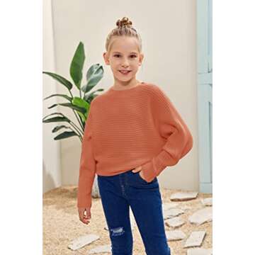 Mafulus Girl's Oversized Crewneck Fall Sweaters Kids Batwing Long Sleeve Slouchy Chunky Cute Pullover Jumper Shirts 5-14T Coral