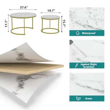 Smuxee White Nesting Coffee Table Set of 2, 27.6" Round Coffee Table Wooden Marble Pattern with Adjustable Non-Slip Feet, Industrial End Table for Living Room Bedroom Balcony