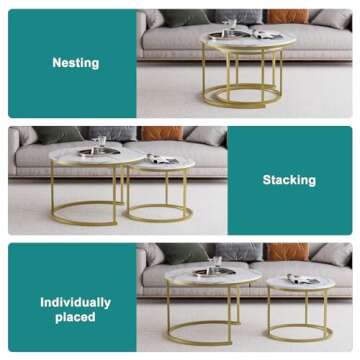 Smuxee White Nesting Coffee Table Set of 2, 27.6" Round Coffee Table Wooden Marble Pattern with Adjustable Non-Slip Feet, Industrial End Table for Living Room Bedroom Balcony
