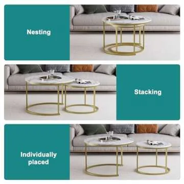 Smuxee White Nesting Coffee Table Set of 2, 27.6" Round Coffee Table Wooden Marble Pattern with Adjustable Non-Slip Feet, Industrial End Table for Living Room Bedroom Balcony