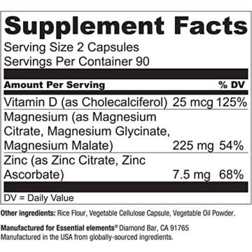 Essential Elements Magnesium & Zinc with Vitamin D3 for Sleep Immune & Bone Support - Magnesium Glycinate, Malate, Citrate 200mg - Triple Magnesium Supplement for Women and Men - 3 Month Supply
