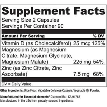 Essential Elements Magnesium & Zinc with Vitamin D3 for Sleep Immune & Bone Support - Magnesium Glycinate, Malate, Citrate 200mg - Triple Magnesium Supplement for Women and Men - 3 Month Supply