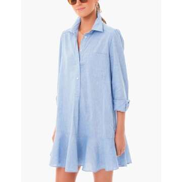 Unilexi Womens Trendy Collared Long Sleeve Shirt Dress Mini Shift Tunic Dress Ruffle Hem Blouses with Pockets(0246-Blue-XL)