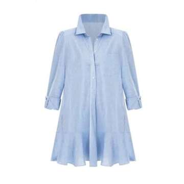 Unilexi Womens Trendy Collared Long Sleeve Shirt Dress Mini Shift Tunic Dress Ruffle Hem Blouses with Pockets(0246-Blue-XL)