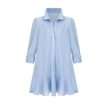 Unilexi Womens Trendy Collared Long Sleeve Shirt Dress Mini Shift Tunic Dress Ruffle Hem Blouses with Pockets(0246-Blue-XL)