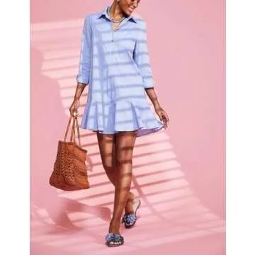 Unilexi Womens Trendy Collared Long Sleeve Shirt Dress Mini Shift Tunic Dress Ruffle Hem Blouses with Pockets(0246-Blue-XL)