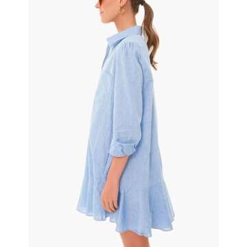 Unilexi Womens Trendy Collared Long Sleeve Shirt Dress Mini Shift Tunic Dress Ruffle Hem Blouses with Pockets(0246-Blue-XL)