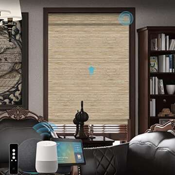 SmartWings Motorized Roman Shades, Natural Woven Woods Fabric Full-Shading, Window Shades Rechargeab...