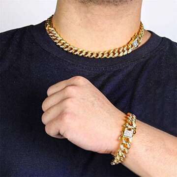 Wealthmao 13mm Cuban Link Chain for Mens Women Heavy Strong Necklaces Chains Iced Out Miami Curb Chain Bling Bling Hip Hop Necklace Chain 18K Gold Plated Rhinestone CZ Clasp Jewelry Choker Chain 18"