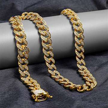 Wealthmao 13mm Cuban Link Chain for Mens Women Heavy Strong Necklaces Chains Iced Out Miami Curb Chain Bling Bling Hip Hop Necklace Chain 18K Gold Plated Rhinestone CZ Clasp Jewelry Choker Chain 18"