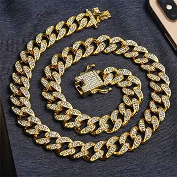 Wealthmao 13mm Cuban Link Chain for Mens Women Heavy Strong Necklaces Chains Iced Out Miami Curb Chain Bling Bling Hip Hop Necklace Chain 18K Gold Plated Rhinestone CZ Clasp Jewelry Choker Chain 18"