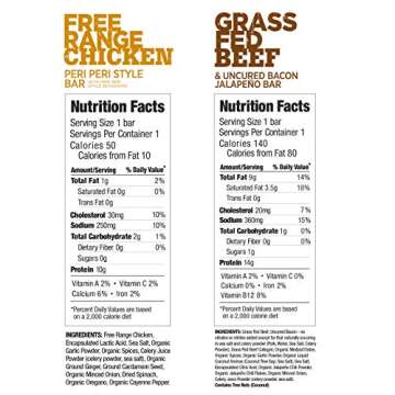 DNX Bar Free Range Chicken Peri Peri, Grass Fed Beef & Uncured Bacon Jalapeno Combo, Meat Snacks, Keto, Paleo, Whole30, Gluten-Free, Dairy-Free, Grain-free, Nitrate-Free, Non-GMO (8 Pk)