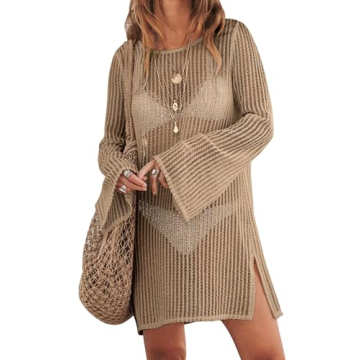 ANRABESS Women Swimsuit Swim Coverup 2024 Long Sleeve Mini Crochet Pool Bathing Suit Swimwear Mesh K...