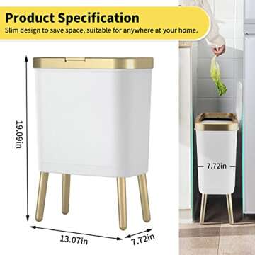 Trash Can with Lid, Plastic Garbage Can with Push Button, Narrow Modern Waste Basket for Kitchen, Slim Bedroom Garbage Bin, 15L Bathroom Trash Can for Home, Living Room, Toilet, Office (White)