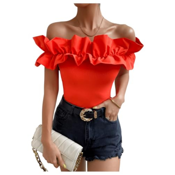 OYOANGLE Women's Ruffle Trim Off Shoulder Short Sleeve Blouse Party Tops Shirt Burnt Orange S