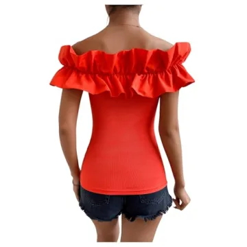 OYOANGLE Women's Ruffle Trim Off Shoulder Short Sleeve Blouse Party Tops Shirt Burnt Orange S