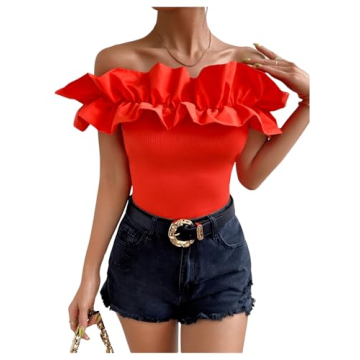 OYOANGLE Women's Ruffle Trim Off Shoulder Short Sleeve Blouse Party Tops Shirt Burnt Orange S