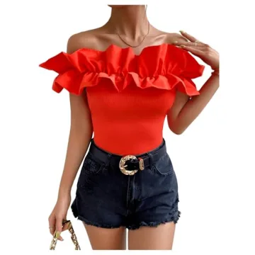 OYOANGLE Women's Ruffle Trim Off Shoulder Short Sleeve Blouse Party Tops Shirt Burnt Orange S