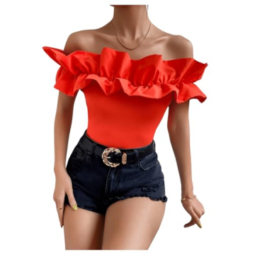 OYOANGLE Women's Ruffle Trim Off Shoulder Short Sleeve Blouse Party Tops Shirt Burnt Orange S