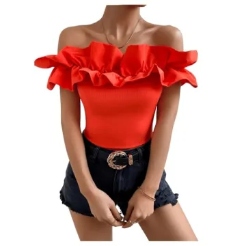 OYOANGLE Women's Ruffle Trim Off Shoulder Short Sleeve Blouse Party Tops Shirt Burnt Orange S
