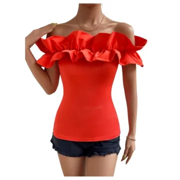 OYOANGLE Women's Ruffle Trim Off Shoulder Short Sleeve Blouse Party Tops Shirt Burnt Orange S
