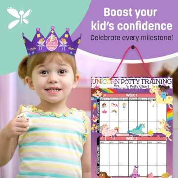 Potty Training Chart for Toddlers Girls, Unicorn Design - Sticker Chart, 4 Week Reward Chart - 213 Cute Stickers, Certificate, Instruction Booklet & Motivational Cards - Bonus Celebratory Crown