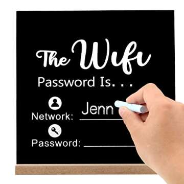 Outus Wooden WiFi Pattern Password Sign Chalkboard Style Board Freestanding Centerpiece Decor Wooden Framed Sign for Home Business, 8.46 x 8.46 Inches (Wifi Password Theme)