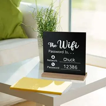 Outus Wooden WiFi Pattern Password Sign Chalkboard Style Board Freestanding Centerpiece Decor Wooden Framed Sign for Home Business, 8.46 x 8.46 Inches (Wifi Password Theme)