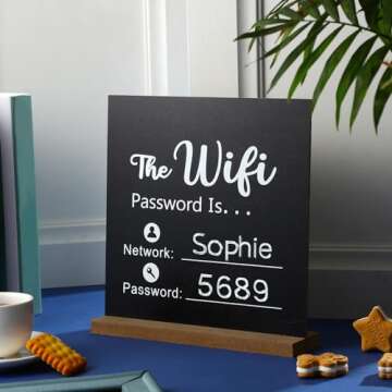 Outus Wooden WiFi Pattern Password Sign Chalkboard Style Board Freestanding Centerpiece Decor Wooden Framed Sign for Home Business, 8.46 x 8.46 Inches (Wifi Password Theme)