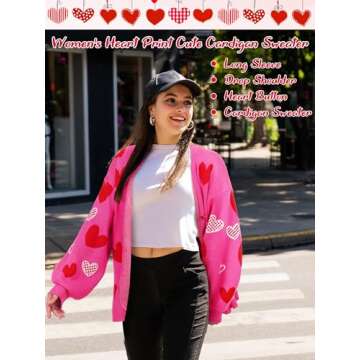 Twistover Heart Sweater Sequins Embroidery Love Heart Cardigan Sweater Knit Lightweight Cardigan Sweaters(Medium,Hot Pink Heart)