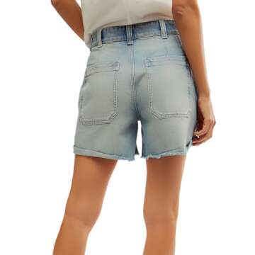 EZAPINE Women's Mid Rise Roll Up Raw Hem Light Wash Blue Jean Short Summer Cute Rippped Shorts, Large