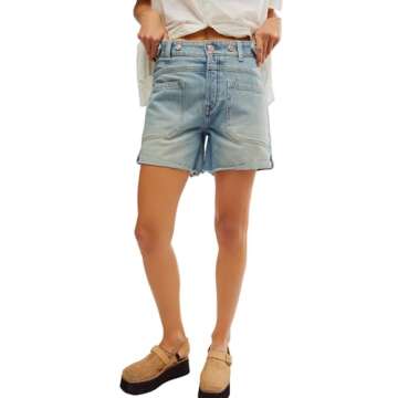 EZAPINE Women's Mid Rise Roll Up Raw Hem Light Wash Blue Jean Short Summer Cute Rippped Shorts, Large