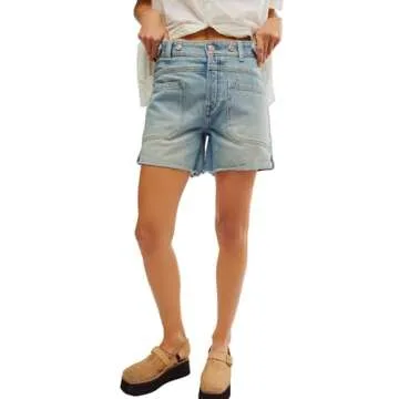 EZAPINE Women's Mid Rise Roll Up Raw Hem Light Wash Blue Jean Short Summer Cute Rippped Shorts, Large
