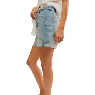 EZAPINE Women's Mid Rise Roll Up Raw Hem Light Wash Blue Jean Short Summer Cute Rippped Shorts, Large