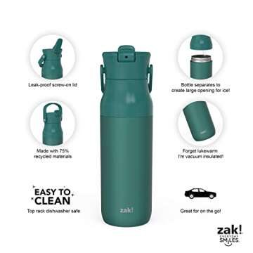 Zak Designs Harmony Water Bottle for Travel or At Home, 32oz Recycled Stainless Steel is Leak-Proof When Closed and Vacuum Insulated with Straw Lid and Carry Handle (Emerald Green)