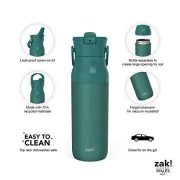 Zak Designs Harmony Water Bottle for Travel or At Home, 32oz Recycled Stainless Steel is Leak-Proof When Closed and Vacuum Insulated with Straw Lid and Carry Handle (Emerald Green)