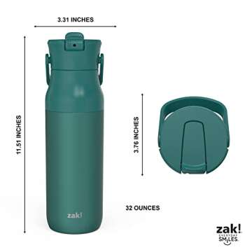 Zak Designs Harmony Water Bottle for Travel or At Home, 32oz Recycled Stainless Steel is Leak-Proof When Closed and Vacuum Insulated with Straw Lid and Carry Handle (Emerald Green)
