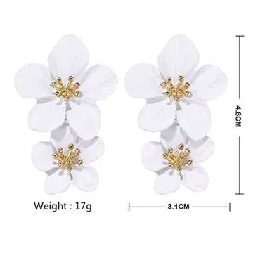 ANDPAI Unique Handmade Bohemian Large Matte Double Yellow Flower Dangle Drop Earrings White Metal fl...