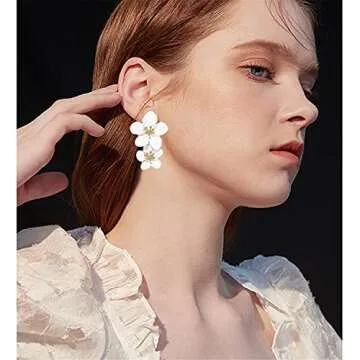 ANDPAI Unique Handmade Bohemian Large Matte Double Yellow Flower Dangle Drop Earrings White Metal floral Stud Earrings For Women Statement Wedding Holiday Jewelry Gifts (White)